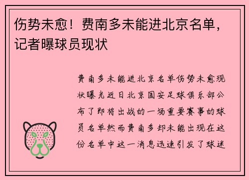 伤势未愈！费南多未能进北京名单，记者曝球员现状
