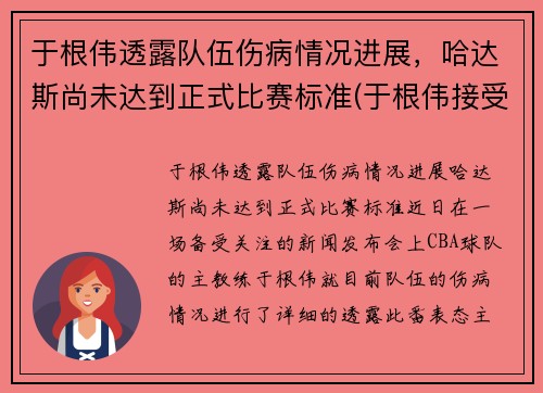 于根伟透露队伍伤病情况进展，哈达斯尚未达到正式比赛标准(于根伟接受采访)